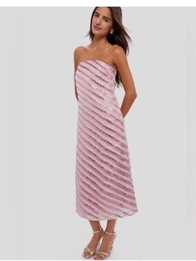 Hyacinth House Strapless Pink Shimmer Stripe Midi Dress